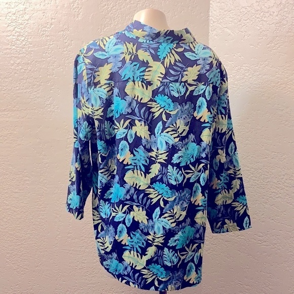 Coldwater Creek 100% Silk Floral Button Front Blouse 1X Blue Tropical Top - Picture 5 of 7